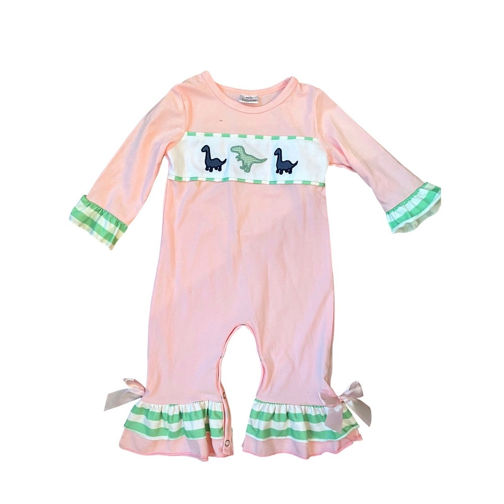 Honey Bean Pink Dinosaur‎ Ruffle Romper Girls 18M Long Sleeve  Stripe One Piece